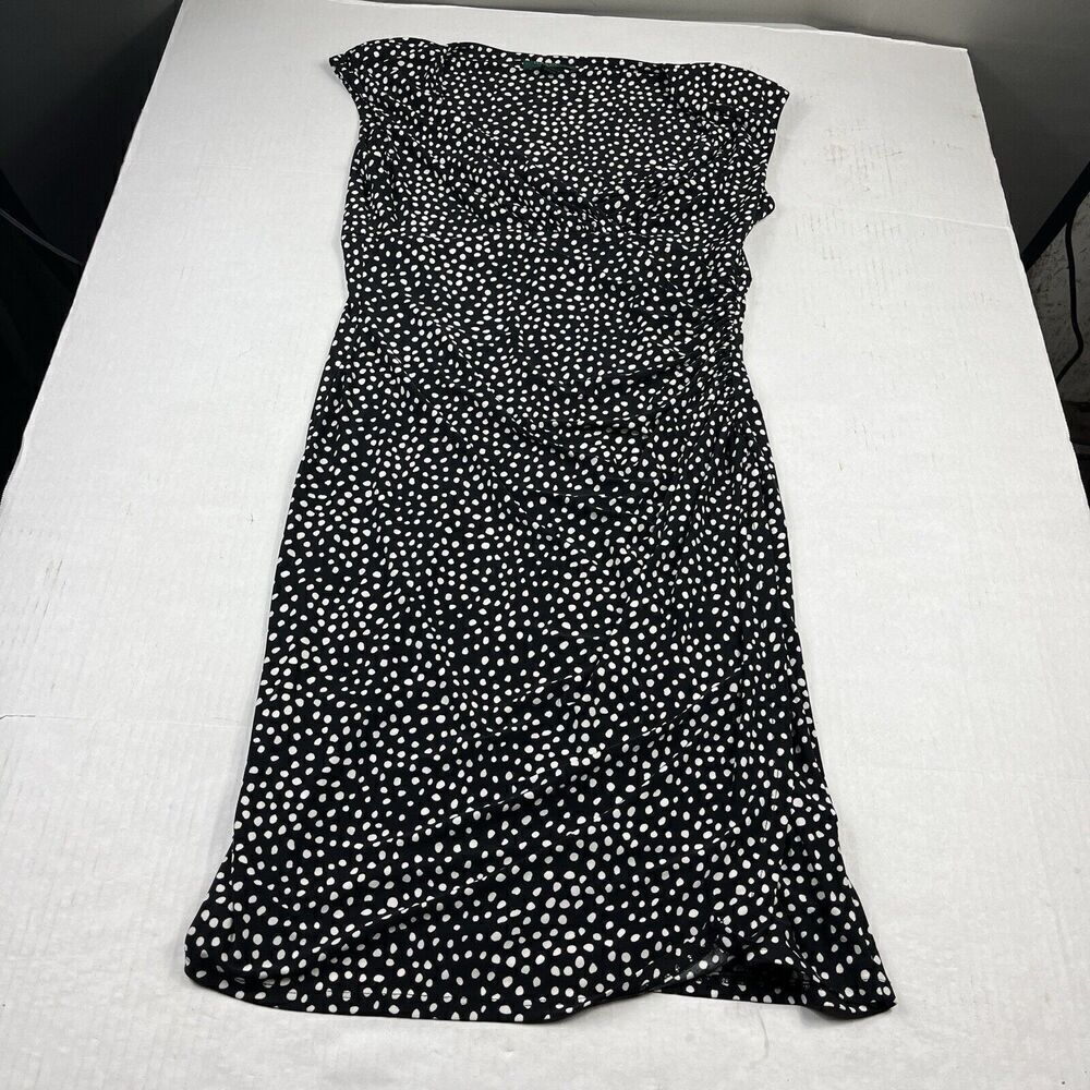 Lauren Ralph Lauren V-Neck Pencil Dress Black White Short Sleeve Stretch Size 12